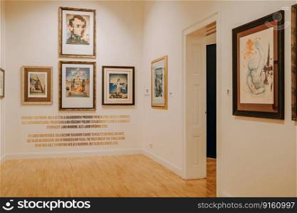 Salvador Dali exhibition in Prague Central Gallery. Famous installation. Legend artist, painting, collection. High quality photo. Prague, Czech - February 2023. Salvador Dali exhibition in Central Gallery. 