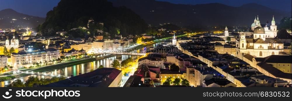Salzburg Austria, Beautiful view of the historic city of Salzburger Land in Austria at night panorama