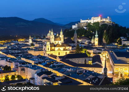 Salzburg Austria, Beautiful view of the historic city of Salzburger Land in Austria at night