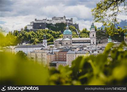 Salzburg historic district in spring, green leaves and sunshine, Austria