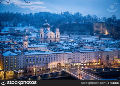 Salzburg old city at christmas time, snowy in the evening, Austria