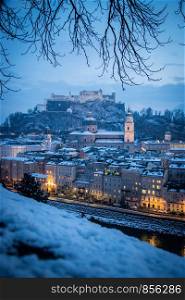 Salzburg old city at christmas time, snowy in the evening, Austria