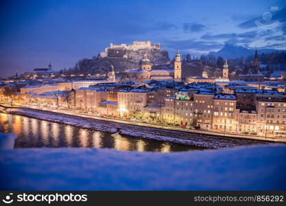 Salzburg old city at christmas time, snowy in the evening, Austria