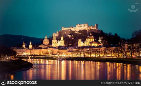 Salzburg old city, fortress, cathedral and salzach on dusk, twilight hour