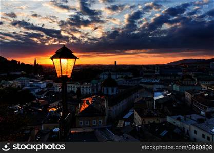 Salzburg old city sunset panorama, Austria
