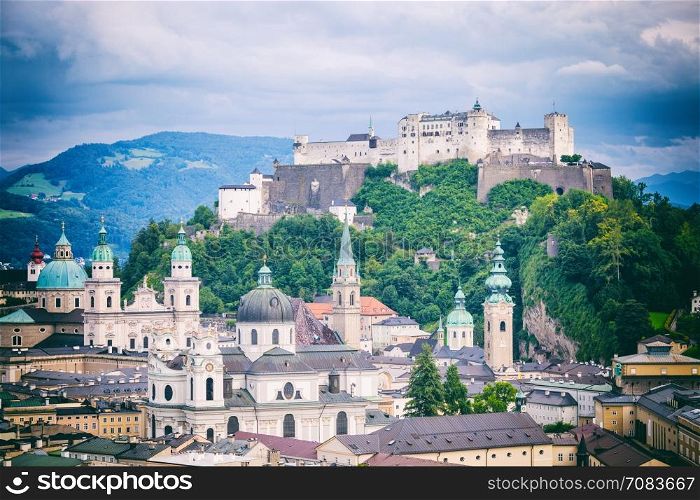 Salzburg old town vintage skyline, Hohensalzburg Castle fortress, Austria
