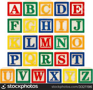 Same view 26 letters of alphabet in wooden blocks.