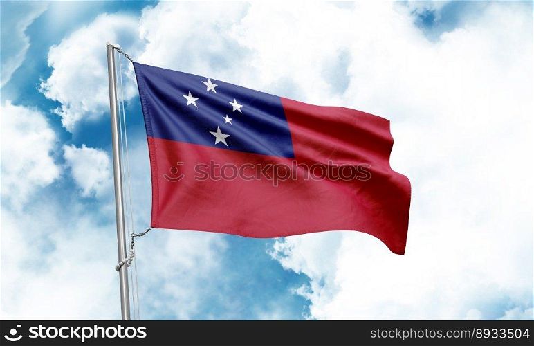 Samoa flag waving on sky background. 3D Rendering