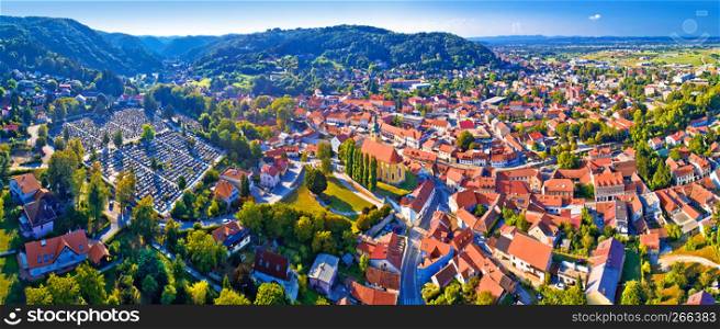 Samobor cityscape and surrounding hills aerial panoramic view, northern Croatia