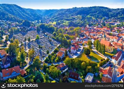 Samobor cityscape and surrounding hills aerial panoramic view, northern Croatia