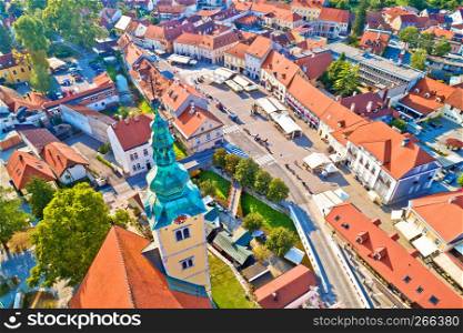 Samobor main square and church tower aerial view, northern Croatia