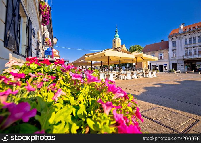 Samobor main square colorful flowers and architecture view, northern Croatia
