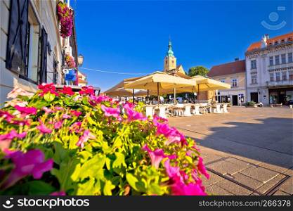 Samobor main square colorful flowers and architecture view, northern Croatia