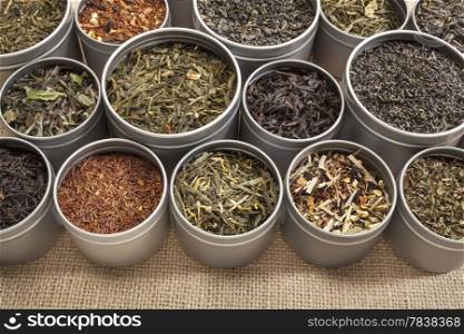 samples of loose leaf green, white, black red, and herbal tea in metal cans on canvas background