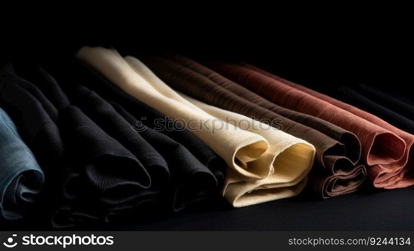 Samples of various colored fabrics in a row, black background. Header banner mockup with copy space. AI generated.. Samples of various colored fabrics in a row, black background. AI generated.