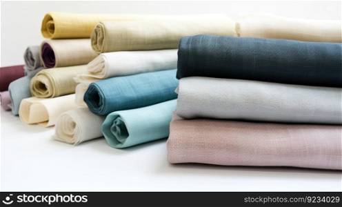 Samples of various colored fabrics in a row, white background. Header banner mockup with copy space. AI generated.. Samples of various colored fabrics in a row, white background. AI generated.