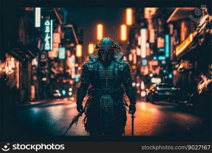 Samurai at night city street with neon lights. Generative ai. High quality illustration. Samurai at night city street with neon lights. Generative ai