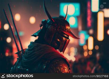 Samurai at night city street with neon lights. Generative ai. High quality illustration. Samurai at night city street with neon lights. Generative ai