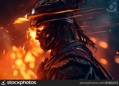 Samurai fire closeup. Flame hot warrior. Generate Ai. Samurai fire closeup. Generate Ai