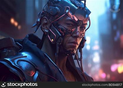 Samurai man character in cyberpunk. Future soldier. Fictional person. Generate Ai. Samurai man character in cyberpunk. Generate Ai