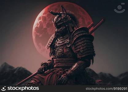 Samurai warrior on the background of the moon. cartoon fantasy. Neural network AI generated art. Samurai warrior on the background of the moon. cartoon fantasy. Neural network AI generated