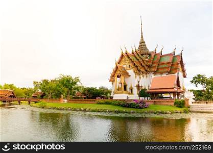 SAMUT PRAKAN, THAILAND, SEP 2017: The ancient city Thai palace with the wooden bridge (name in Thai : Phra Thinang Dusit Maha Prasat)