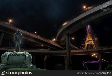 Samutprakan, thailand - jun, 2019 : Beautiful twilight scenes of The Bhumibol Bridge,also known as the Industrial Ring Road Bridge. The bridge crosses the Chao Phraya River.