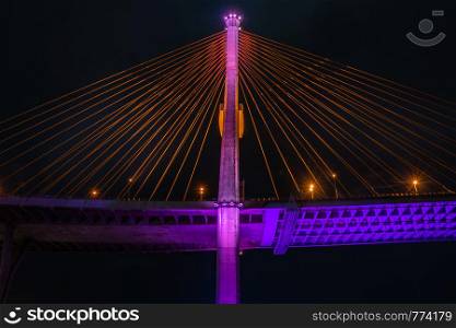Samutprakan, thailand - jun, 2019 : Part of suspension bridge, pattern of wire rope at suspension Bhumibol bridge.