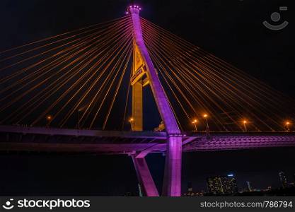 Samutprakan, thailand - jun, 2019 : Part of suspension bridge, pattern of wire rope at suspension Bhumibol bridge.