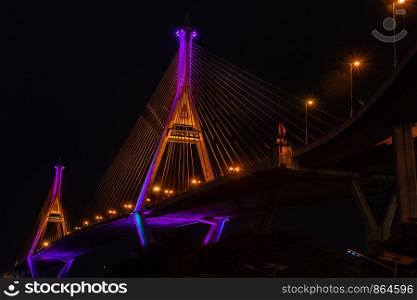 Samutprakan, thailand - jun, 2019 : Twilight scenes of The Bhumibol Bridge,also known as the Industrial Ring Road Bridge is part of the 13 km . The bridge crosses the Chao Phraya River twice.