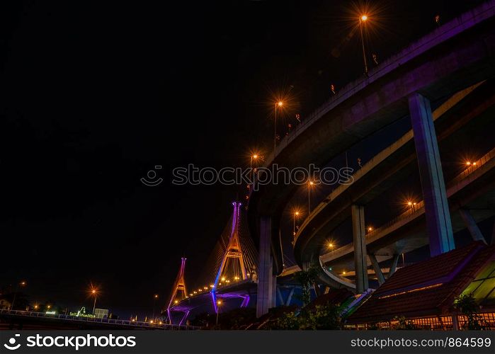 Samutprakan, thailand - jun, 2019 : Twilight scenes of The Bhumibol Bridge,also known as the Industrial Ring Road Bridge is part of the 13 km . The bridge crosses the Chao Phraya River twice.