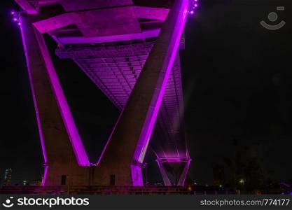 Samutprakan, thailand - jun, 2019 : Under a bridge a pier, a landing architecture infrastructure - Bhumibol Bridge foundation post, foundation pillar abutment which is a v-shaped, gives a sense of victory.