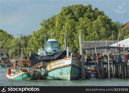 Samutsakhon, Thailand-October 11, 2017: Coastal fishing boats in the seaside area of a??a??Thailand. in Samutsakhon, Thailand
