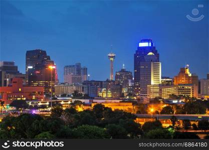 San Antonio, TX cityscape in the evening