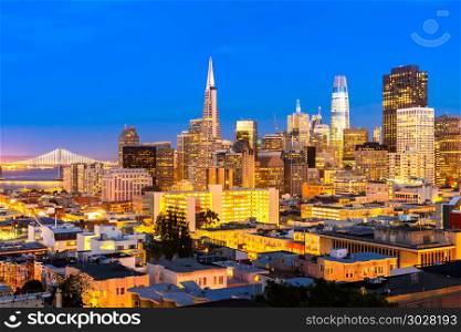 San Francisco Aerial View. San Francisco downtown skyline Aerial view at sunset from Ina Coolbrith Park Hill in San Francisco, California, USA.