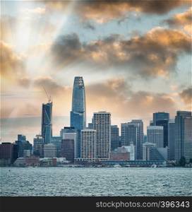 San Francisco, California. Panoramic sunset view of Downtown skyline.