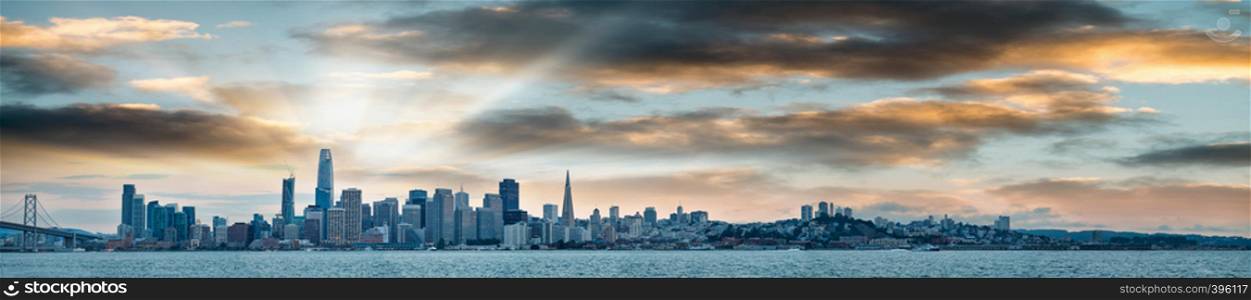 San Francisco, California. Panoramic view of Downtown skyline at sunset.