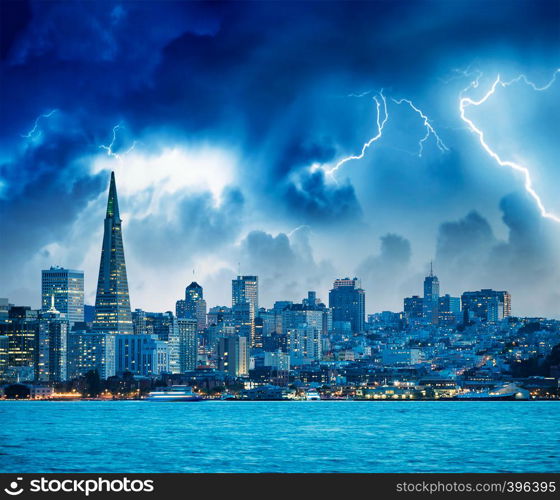 San Francisco, California. Panoramic view of Downtown skyline during a storm.