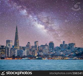 San Francisco, California. Panoramic view of Downtown skyline on a starry night.