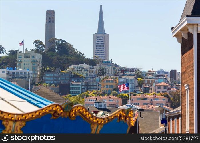 San Francisco city and Coit Tower from a fairground California USA