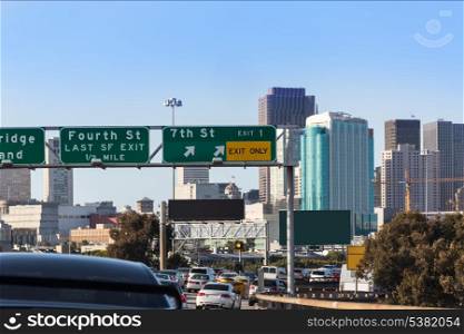 San Francisco city traffic in rush hour with downtown skyline California USA