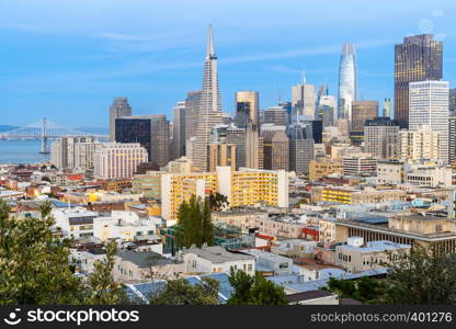 San Francisco downtown skyline Aerial view at sunset from Ina Coolbrith Park Hill in San Francisco, California, USA.