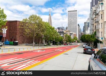 San Francisco downtown with culture and citylife at Powell street and California street in North California USA. San Francisco United States Landmark Travel Destination cityscape concept.