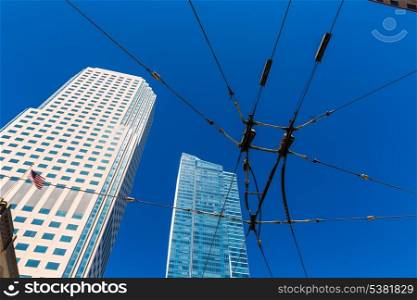 San Francisco downtown with Tram cables in blue sky at California USA