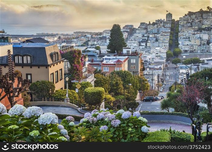 San Francisco early morning view from the top of the Lombard Street