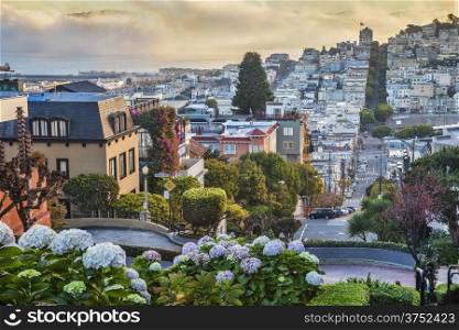 San Francisco early morning view from the top of the Lombard Street