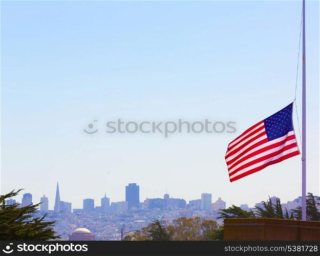 San francisco foggy with United States flag foreground California
