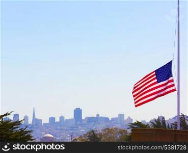 San francisco foggy with United States flag foreground California
