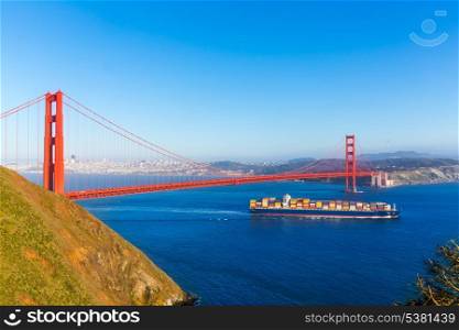 San Francisco Golden Gate Bridge merchant ship in California USA