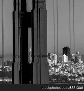 San Francisco Golden Gate Bridge view through cables in California USA
